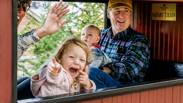 Young child laughing and pointing out the window of a safari train car, with an older man holding a baby and a woman waving beside them.
