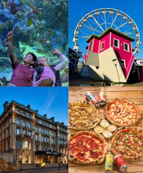 Two children at Bristol Aquarium, Upside Down House exterior, Marriott Royal Bristol exterior and Pizzarova Park - four pizzas, drinks and dips