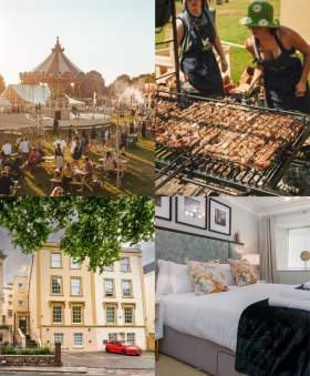 Feast On Festival (aerial shot of crowd), Ubuntu food, person enjoying music, cookery demo.

Redmayne House exterior, bedroom and sofa/ living room