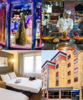 Brussel sprouts Christmas tree at Wake The Tiger, chef cooking curries at ZaZa Bazaar, Novotel Bristol family bedroom and exterior