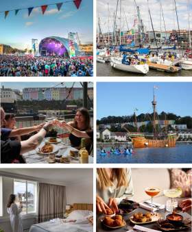 Harbour Festival stage, boats by Bristol Harbour, kayakers by The Matthew, person enjoying the view at The Bristol, picky bits and cocktails at The Bristol and group of friends enjoying the terrace at Harbour House