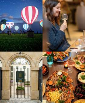 Bristol Light Festival - Cameroon Balloons - artist illustration, Someone drinking wine at Le Vignoble, Brooks Guest House exterior and food at Lamaya