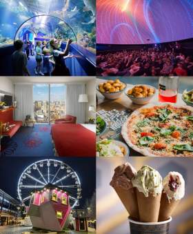 Sea horses at Bristol Aquarium, We The Curious planetarium, The Stable Bristol pizza, Radisson Blu exterior, Upside Down House at night and someone serving gelato at swoon