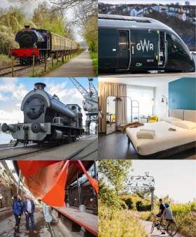 Traditional steam train at Avon Valley Railway, dry dock at Brunel's SS Great Britain, Ibis Bristol Temple Quay KAI bedroom, Avon Valley Railway traditional cream tea experience, GWR train coming into Bristol, two people on a bike along the Strawberry Line