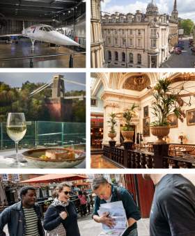 Concorde at Aerospace, a meal from Hotel du Vin with view of the Clifton Suspension Bridge, Cosy Club interior, Harbour Hotel Bristol exterior and Bristol Film and TV walking tour