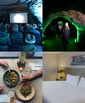 Horror in the Caves, people walking through Redcliffe Caves, Christmas Steps pub meal and DoubleTree by Hilton City Centre
