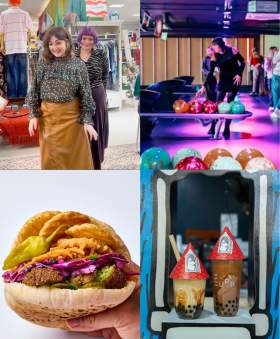 Person being styled by Clothemod, couple playing bowling, a Eat a Pitta and three moomin boba tea