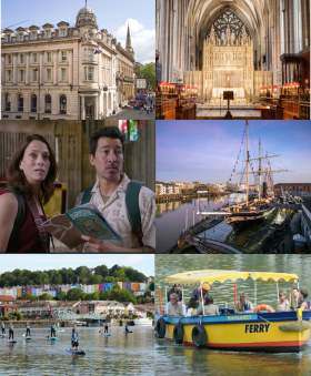 An image of exterior of Harbour Hotel, interior of Bristol Cathedral, Scones with cream and jam from Pinkmans, Kayakers by The Matthew, image of actors on Bristol Ferry, SS Great Britain
