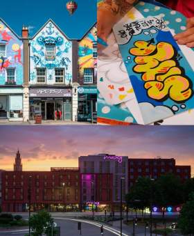 Upfest shop exterior (Six Sisters mural artist Gemma Compton), Graft graffiti workshop, Moxy Hotel exterior