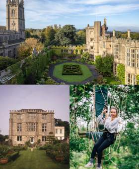 Thornbury Castle exterior and gardens, Thornbury Castle bedroom, Newark Park and Mojo Active High Ropes