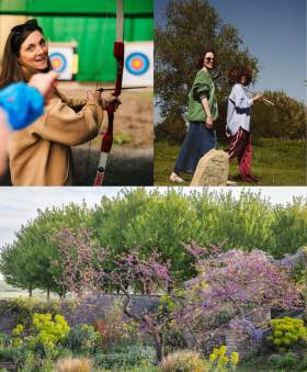 Someone doing archery at Mendip Activity Centre, person doing golf at Mad Swans and Yeo Valley Organic