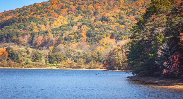 A mountain of trees shining in reds, oranges, and golds sits as the backdrop to the blue waters of Lake Habeeb. Two people are seen off in the distance in a canoe.