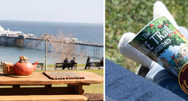 Collage of two images showing pier and visitor looking at Llandudno Alice Trail guide book