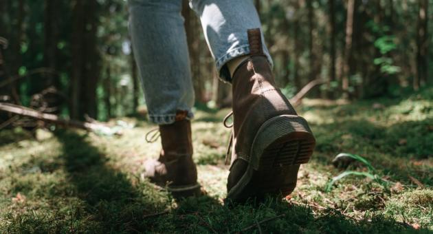 Close-up of a person wearing brown boots and blue jeans walking on a sunlit, moss-covered forest floor, conveying a sense of adventure and tranquility.