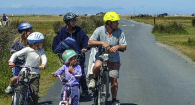 A family on bicycles looking at something in the distance