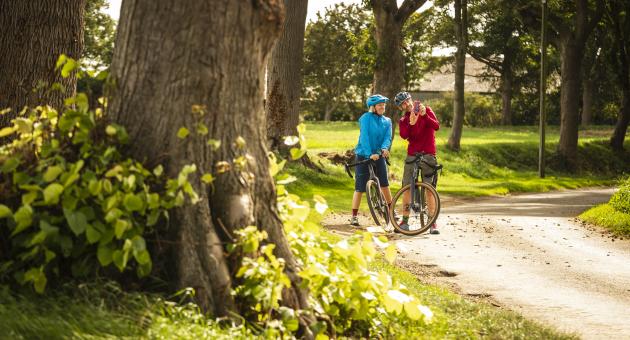 Man and woman on bikes stopping to take a picture near a tree