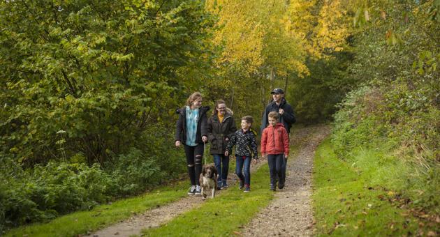 a family, two young boys, girl and parents plus dog walk along a country path surrounded by trees