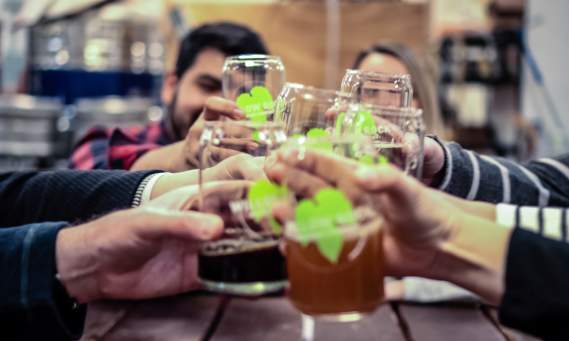 4 sets of hands and arms coming together for a cheers of transparent beer glasses with green leaf logos