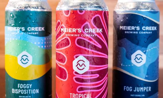 Three flavors of Meier's Creek Beer in cans