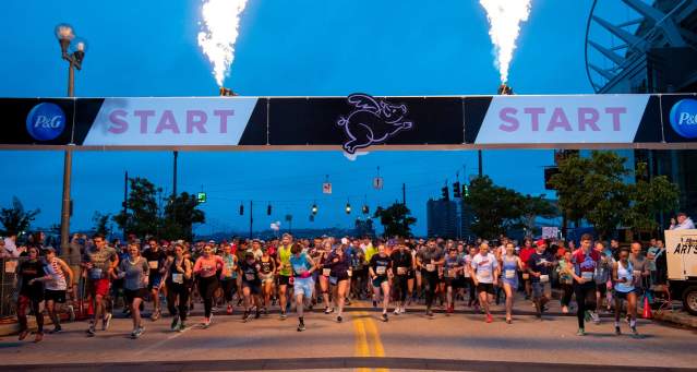 Image is of the starting line of the Flying Pig Marathon.