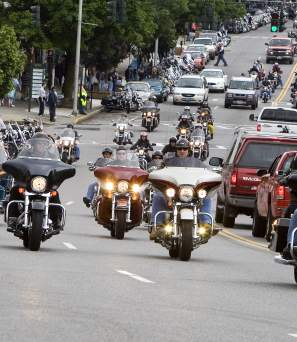 Group of motorcycle riders traveling together on a cloudy day headed towards the Americade motorcycle in Lake George, New York