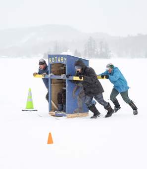 Outhouse racing at Brant Lake Winter Carnival