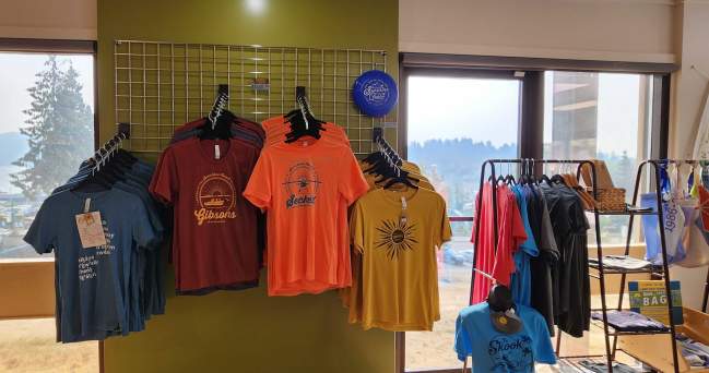 T-shirts and souvenirs inside the Gibsons Visitor Centre.