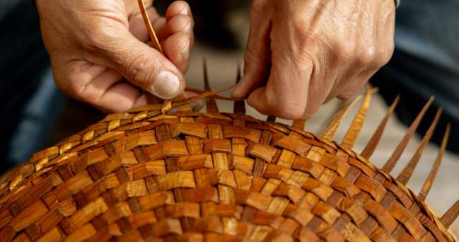 Cedar weaving demonstration at Klahoose Wilderness Resort