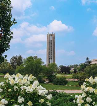 The Metz Carillon Tower in the Cox Arboretum on a summer day