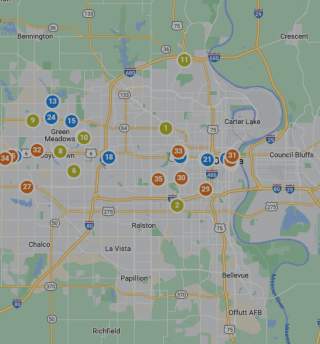 A map of Omaha denoting Omaha Restaurant Week participating locations