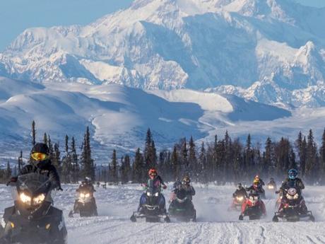 Snowmachining Group with Denali as a Backdrop