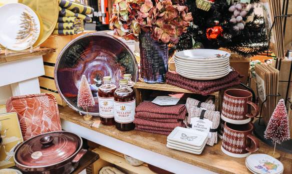 A display of holiday-themed kitchen and food items at Goods for Cooks