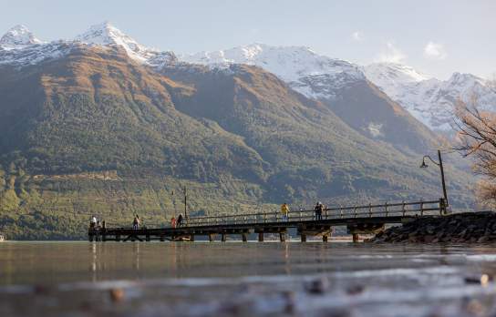 Glenorchy Wharf in winter on a bluebird day with snow capped peaks