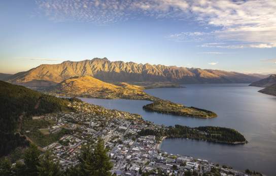 Wide view of Queenstown, Lake Whakatipu and the Remarkable Mountains from above