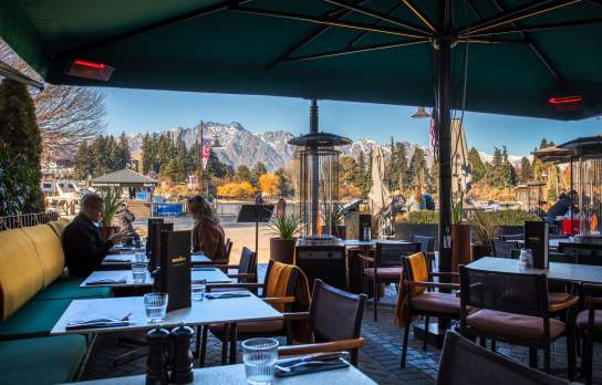 Sunfire Restaurant looking out over the Steamer Wharf in autumn on a bluebird day