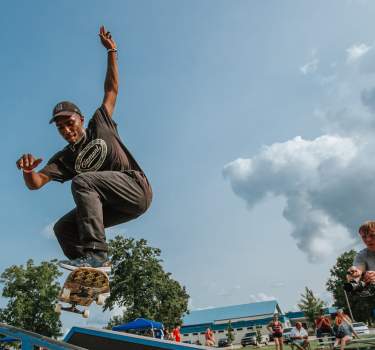 Skateboarder competing at the Ham City Jam skateboarding competition