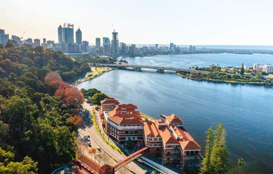 Aerial view of the Old Swan Brewery and Swan River, Perth City