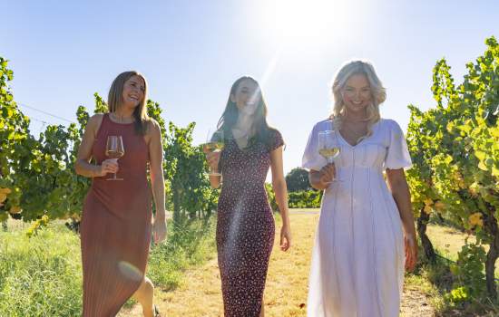 Three women walking through a vineyard in the sunshine, each with a glass of wine in hand.