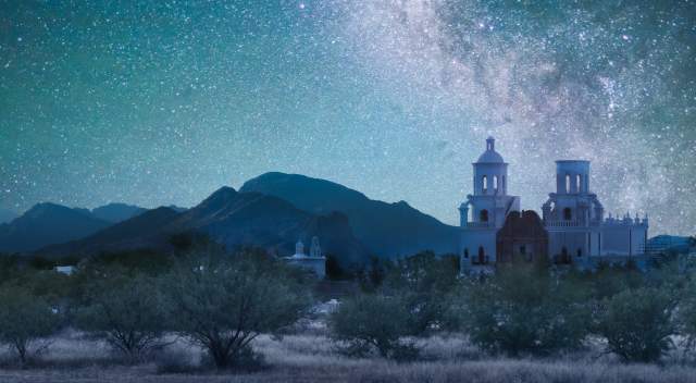 Mission San Xavier del Bac under starry skies