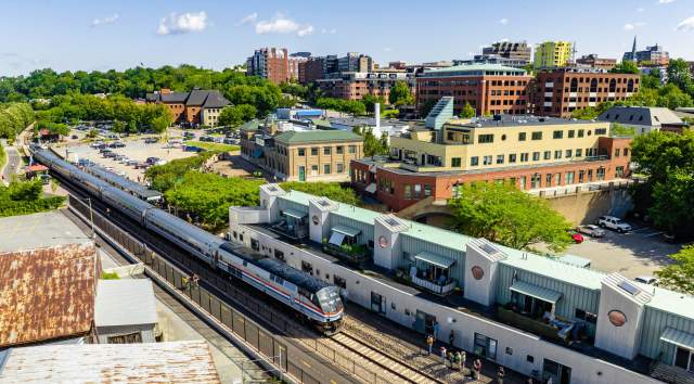 Amtrak train arriving in downtown Burlington VT on waterfront