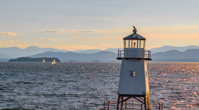 An image looking west over Lake Champlain and the Burlington Breakwater - Lighthouse