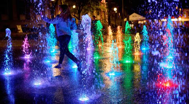 City Hall Park splash fountain at night