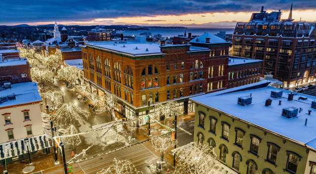 Aerial view of holiday lights downtown