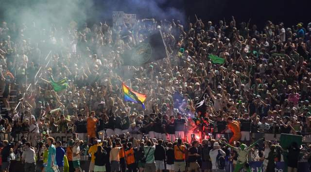 A crowd watching the Vermont Green FC game at Virtue Field