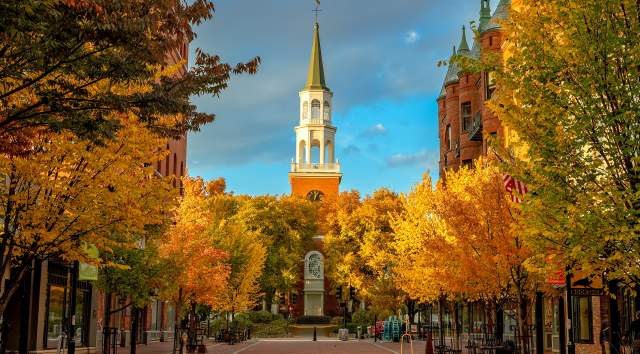 Church Street in the Fall with foliage alongside the buildings