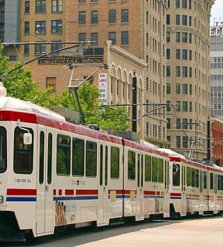 Trax passing 300 S in downtown Salt Lake