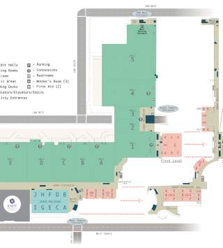 A floorplan view of the Salt Palace convention center showing all three levels and the divisions that can be made