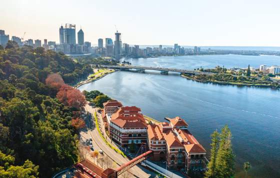 Aerial view of the Old Swan Brewery and Swan River, Perth City