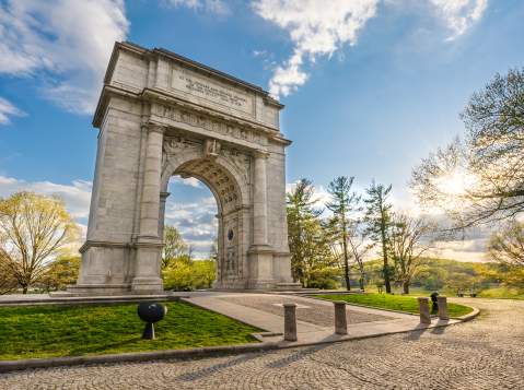 The iconic arch at Valley Forge National Historical Park in King of Prussia on a sunny day.