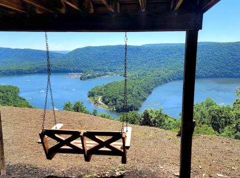 A swing overlooking a lake on a sunny day